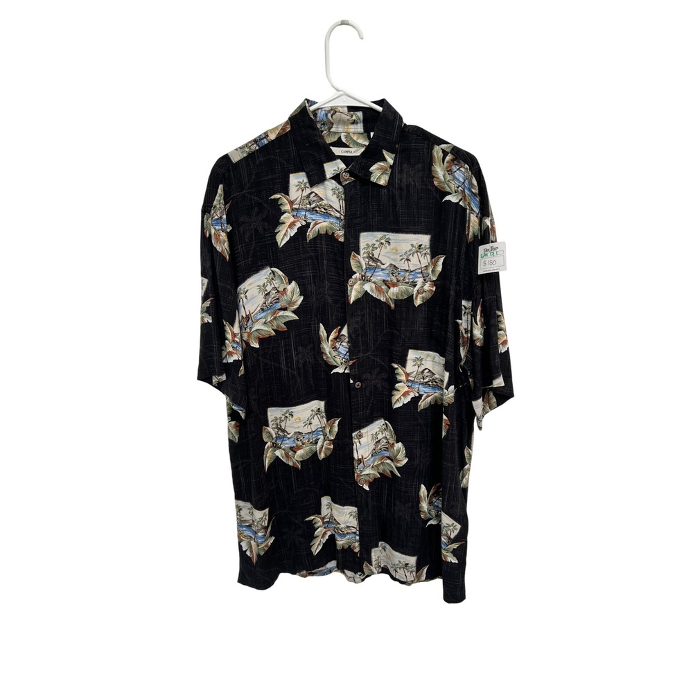 NWT Campia Moda Mens Black Tropical Island Print Short Sleeve Aloha Shirt L